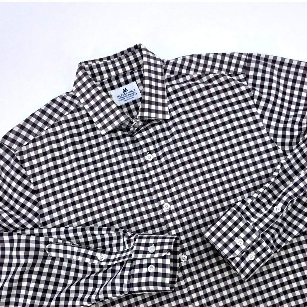 Mizzen+Main Mens XL Gingham Performance Dress Shirt Black White Standard Fit USA